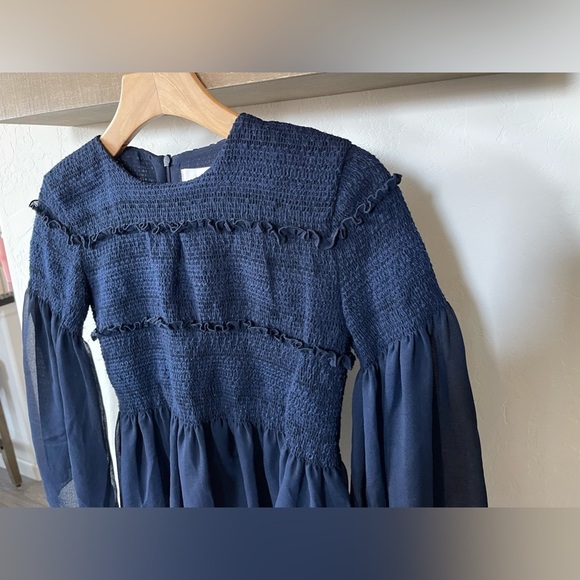 See by Chloe|Sheer Sleeve Peplum Ruffle, Slightly Cropped Top•••Navy, Size small - Picture 5 of 11